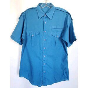 Vintage 70s Safari Leisure Shirt Men’s L Turquoise Blue Epaulets